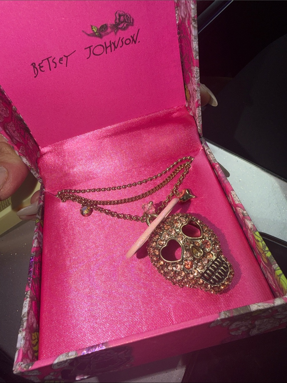 Betsey Johnson Gold-Tone Crystal Skull Necklace with Pink Enamel Halo